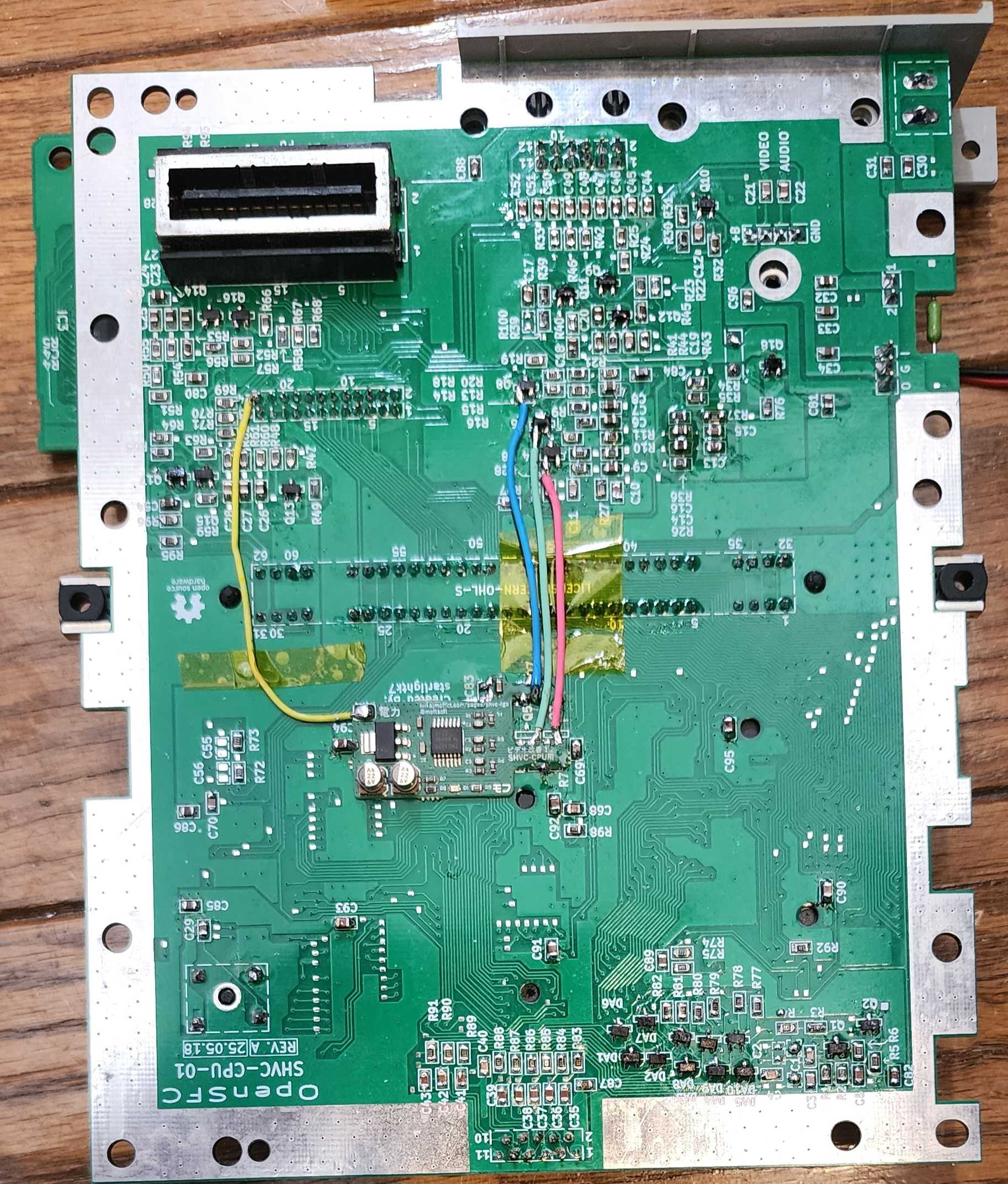 OpenSFC SHVC-CPU-01 green board with the Mike J Moffitt SHVC Video Improvement Kit.