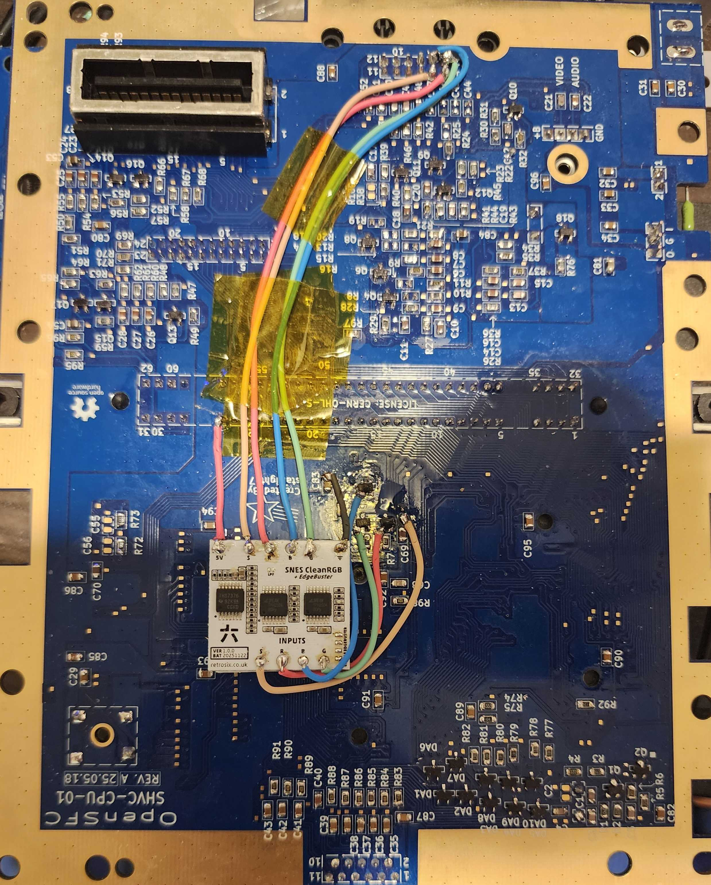OpenSFC SHVC-CPU-01 blue board with RetroSix CleanRGB and EdgeBuster.