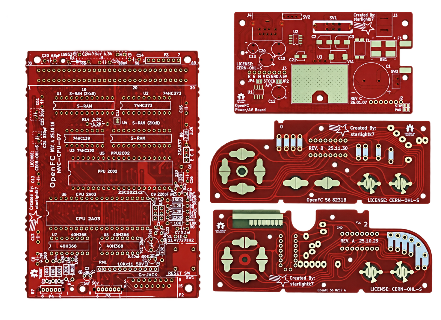 Stylized OpenFC replacement boards and controllers: HVC-CPU-07, Power/AV, and P1/P2.